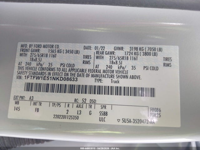 Aukcja sprzedaży 2022 Ford F-150 Xlt, vin: 1FTFW1E51NKD08633, numer aukcji: 44953510