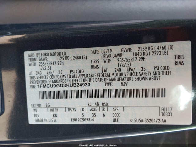 Aukcja sprzedaży 2019 Ford Escape Se, vin: 1FMCU9GD3KUB24933, numer aukcji: 44953517