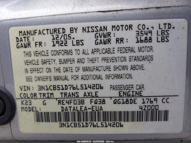 44953519 :رقم المزاد ، 3N1CB51D76L514206 vin ، 2006 Nissan Sentra 1.8s مزاد بيع