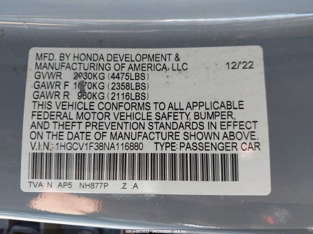 Продажа на аукционе авто 2022 Honda Accord Sport, vin: 1HGCV1F38NA116880, номер лота: 44953532