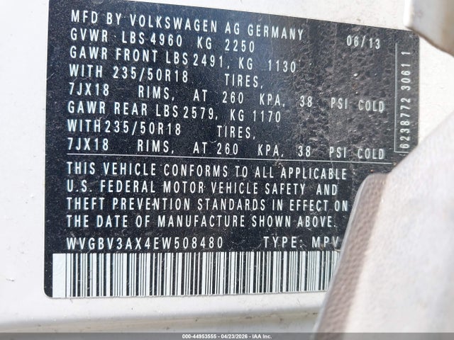 2014 Volkswagen Tiguan Sel მანქანა იყიდება აუქციონზე, vin: WVGBV3AX4EW508480, აუქციონის ნომერი: 44953555