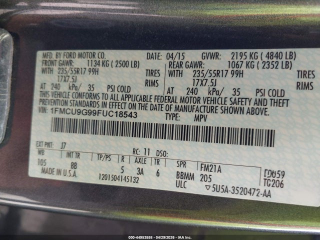 Продажа на аукционе авто 2015 Ford Escape Se, vin: 1FMCU9G99FUC18543, номер лота: 44953558