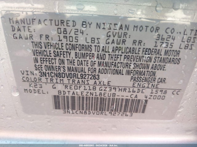 Aukcja sprzedaży 2024 Nissan Versa 1.6 S, vin: 3N1CN8DV0RL927263, numer aukcji: 44953563