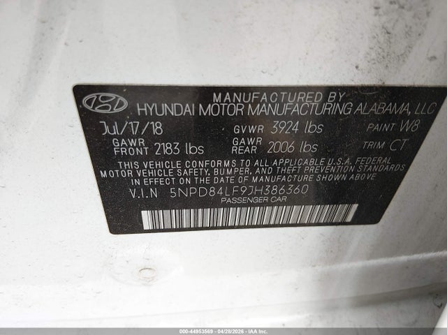 Продажа на аукционе авто 2018 Hyundai Elantra Sel, vin: 5NPD84LF9JH386360, номер лота: 44953569