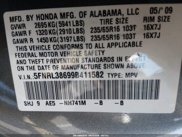 Продажа на аукционе авто 2009 Honda Odyssey Ex-l, vin: 5FNRL38699B411582, номер лота: 44953570
