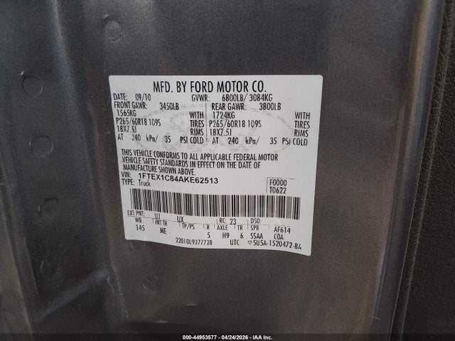 2010 Ford F-150 Fx2 Sport/stx/xl/xlt მანქანა იყიდება აუქციონზე, vin: 1FTEX1C84AKE62513, აუქციონის ნომერი: 44953577