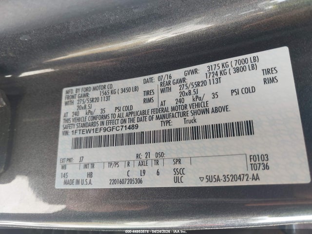 Продаж на аукціоні авто 2016 Ford F-150 Lariat, vin: 1FTEW1EF9GFC71489, номер лоту: 44953578