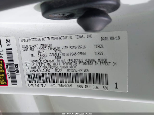 44953579 :رقم المزاد ، 5TFAX5GN5JX131805 vin ، 2018 Toyota Tacoma Sr مزاد بيع