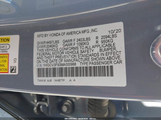 Aukcja sprzedaży 2021 Honda Accord Hybrid Touring, vin: 1HGCV3F93MA000968, numer aukcji: 44953584