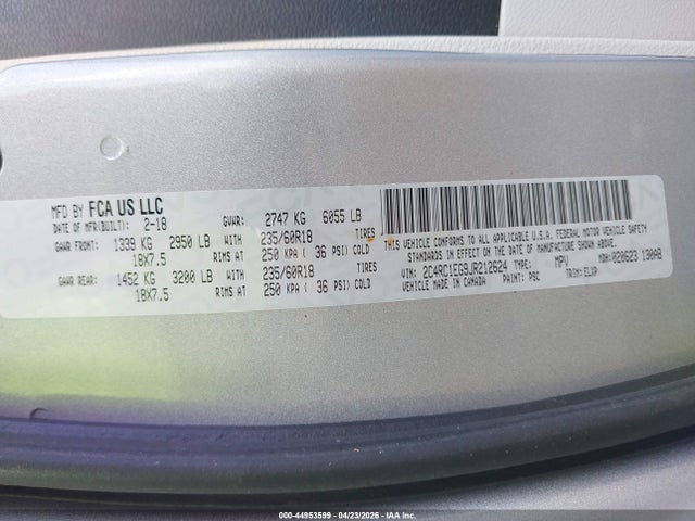 Aukcja sprzedaży 2018 Chrysler Pacifica Touring L Plus, vin: 2C4RC1EG9JR212624, numer aukcji: 44953599