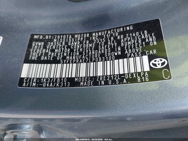 Aukcja sprzedaży 2020 Toyota Corolla Le, vin: 5YFEPRAE7LP083100, numer aukcji: 44953610