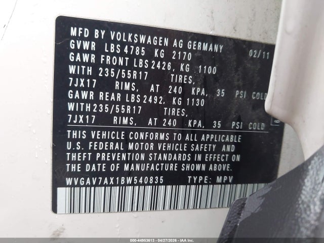 Aukcja sprzedaży 2011 Volkswagen Tiguan Se, vin: WVGAV7AX1BW540835, numer aukcji: 44953613