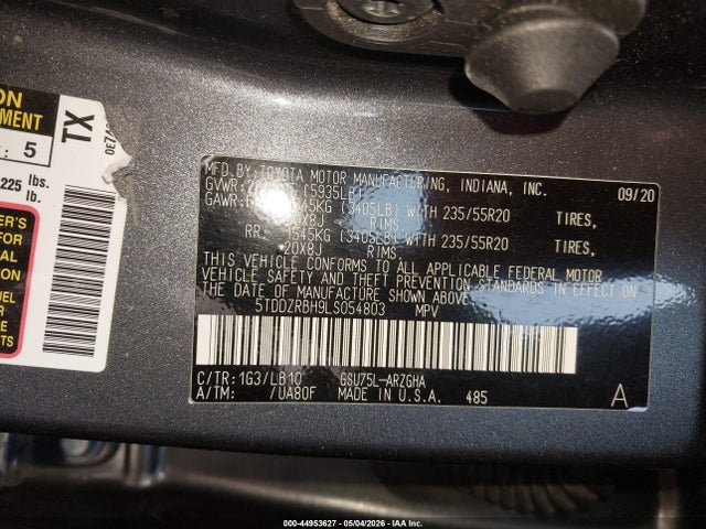 Aukcja sprzedaży 2020 Toyota Highlander Limited, vin: 5TDDZRBH9LS054803, numer aukcji: 44953627