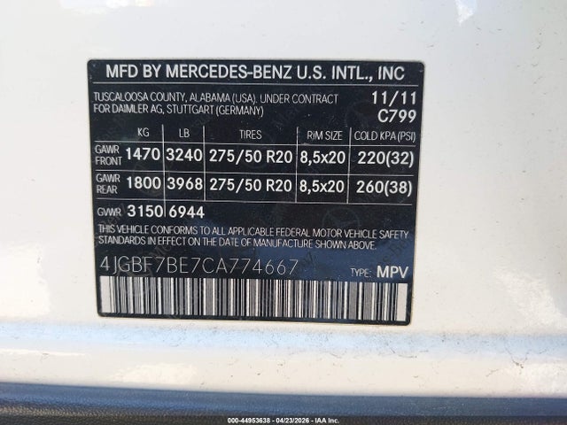 Aukcja sprzedaży 2012 Mercedes-benz Gl 450 4matic, vin: 4JGBF7BE7CA774667, numer aukcji: 44953638