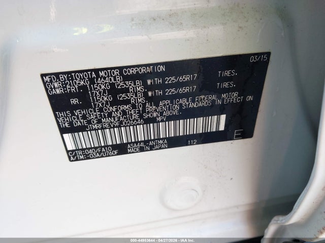 2015 Toyota Rav4 Xle მანქანა იყიდება აუქციონზე, vin: JTMRFREV9FJ026646, აუქციონის ნომერი: 44953644