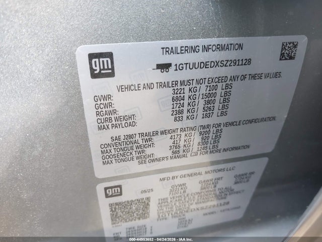 2025 Gmc Sierra 1500 4wd  Short Box Slt მანქანა იყიდება აუქციონზე, vin: 1GTUUDEDXSZ291128, აუქციონის ნომერი: 44953652