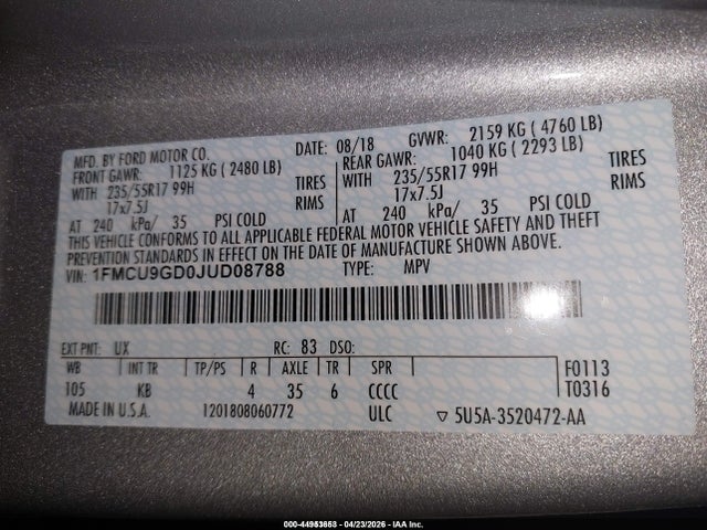 1FMCU9GD0JUD08788 Ford ESCAPE SE