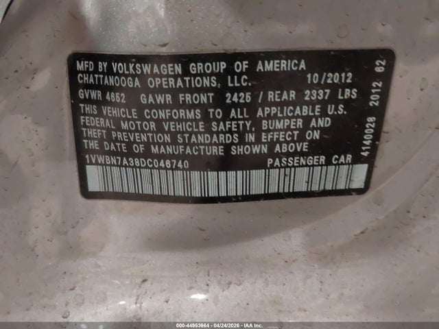 Aukcja sprzedaży 2013 Volkswagen Passat 2.0l Tdi Se, vin: 1VWBN7A38DC046740, numer aukcji: 44953664