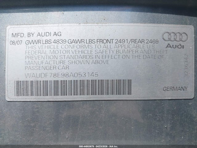 Aukcja sprzedaży 2008 Audi A4 2.0t, vin: WAUDF78E98A053145, numer aukcji: 44953679
