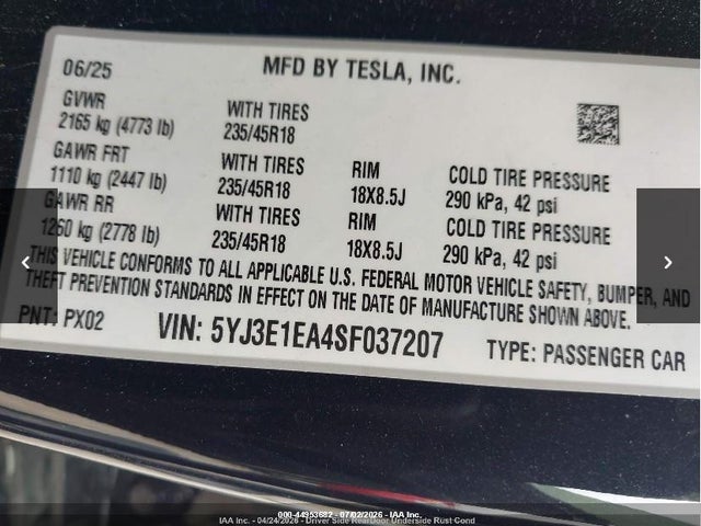 Продаж на аукціоні авто 2025 Tesla Model 3, vin: 5YJ3E1EA4SF037207, номер лоту: 44953682