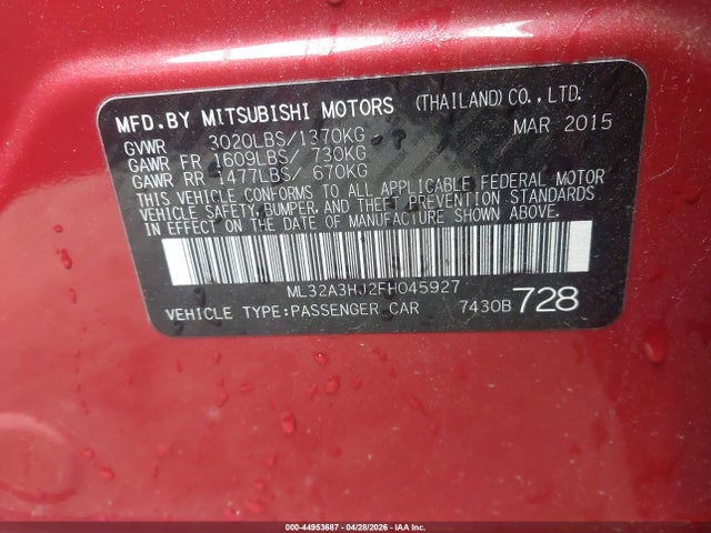 2015 Mitsubishi Mirage De/rf მანქანა იყიდება აუქციონზე, vin: ML32A3HJ2FH045927, აუქციონის ნომერი: 44953687