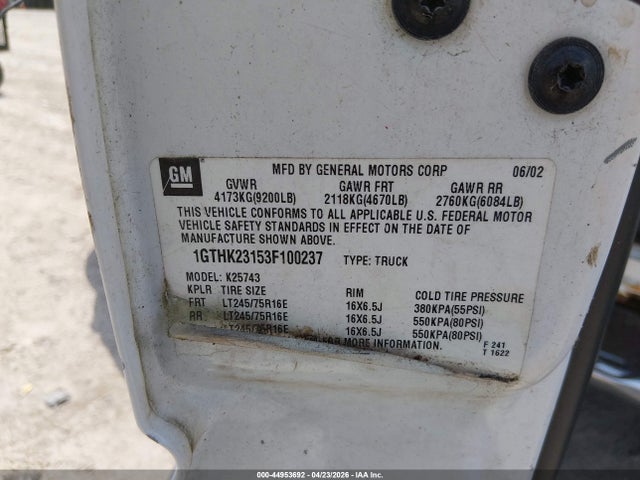 44953692 :رقم المزاد ، 1GTHK23153F100237 vin ، 2003 Gmc Sierra 2500hd Sle مزاد بيع