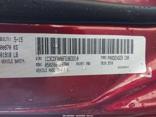 44953693 :رقم المزاد ، 1C3CDFAA6FD363310 vin ، 2015 Dodge Dart Se مزاد بيع
