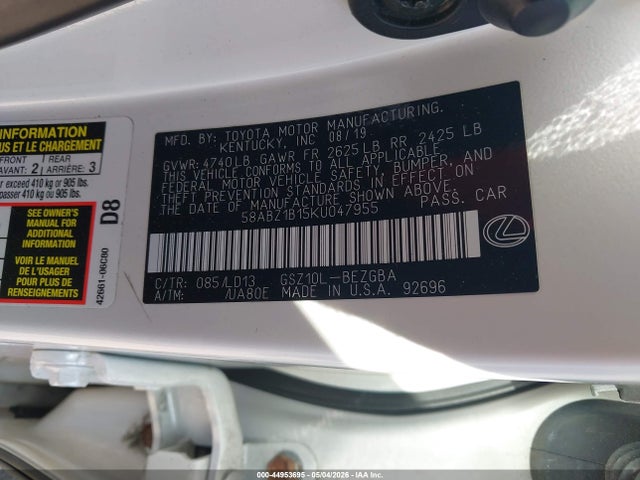 Продаж на аукціоні авто 2019 Lexus Es 350, vin: 58ABZ1B15KU047955, номер лоту: 44953695