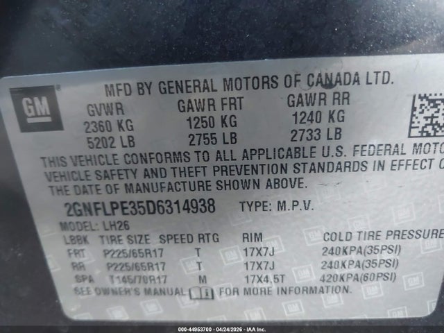 Продажа на аукционе авто 2013 Chevrolet Equinox 2lt, vin: 2GNFLPE35D6314938, номер лота: 44953700