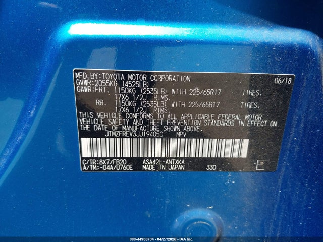 44953704 :رقم المزاد ، JTMZFREV3JJ194050 vin ، 2018 Toyota Rav4 Le مزاد بيع