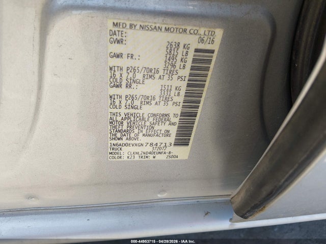 1N6AD0EVXGN784713 Nissan Frontier Sv