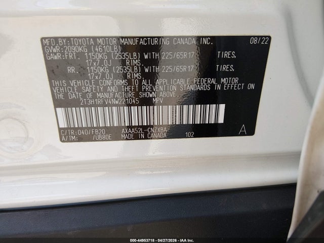 44953718 :رقم المزاد ، 2T3H1RFV4NW221045 vin ، 2022 Toyota Rav4 Le مزاد بيع