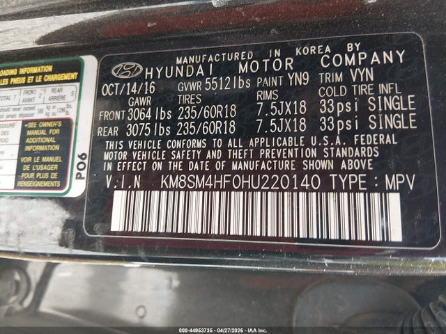 44953735 :رقم المزاد ، KM8SM4HF0HU220140 vin ، 2017 Hyundai Santa Fe Se مزاد بيع