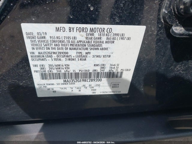 44953752 :رقم المزاد ، MAJ3S2GE9KC289200 vin ، 2019 Ford Ecosport Se مزاد بيع