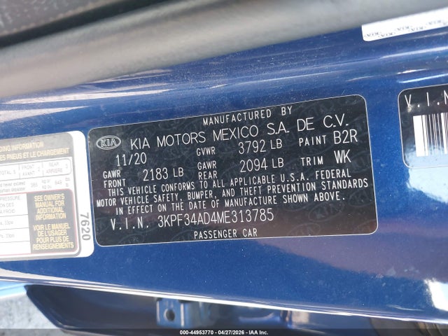 Auction sale of the 2021 Kia Forte Gt-line, vin: 3KPF34AD4ME313785, lot number: 44953770