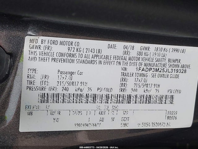 44953773 :رقم المزاد ، 1FADP3M25JL319328 vin ، 2018 Ford Focus Sel مزاد بيع