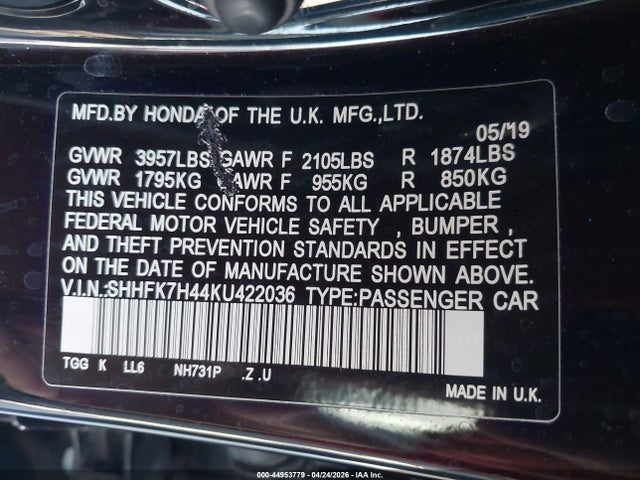 SHHFK7H44KU422036 Honda Civic Sport