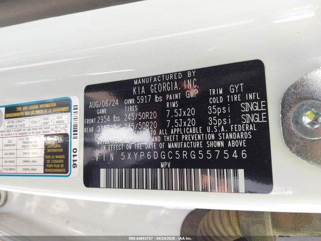 44953787 :رقم المزاد ، 5XYP6DGC5RG557546 vin ، 2024 Kia Telluride S مزاد بيع