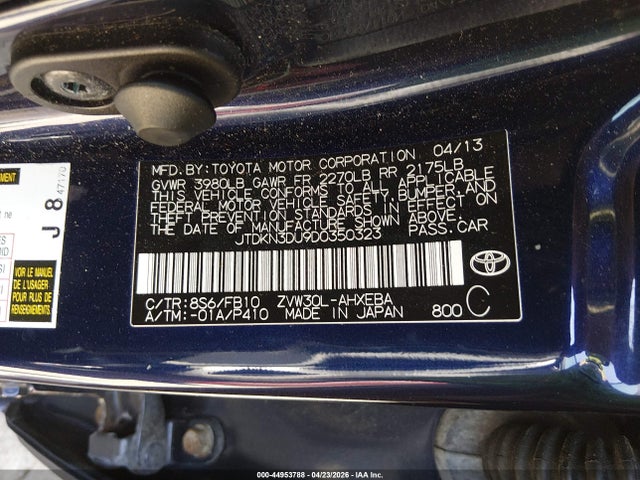 Aukcja sprzedaży 2013 Toyota Prius Two, vin: JTDKN3DU9D0350323, numer aukcji: 44953788