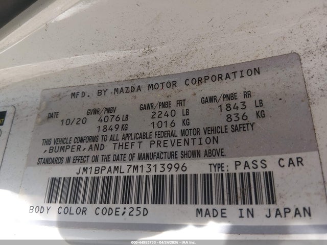 Aukcja sprzedaży 2021 Mazda Mazda3 Premium, vin: JM1BPAML7M1313996, numer aukcji: 44953790