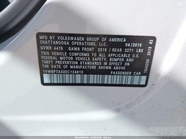 Aukcja sprzedaży 2013 Volkswagen Passat 2.5l Se, vin: 1VWBP7A32DC124813, numer aukcji: 44953802