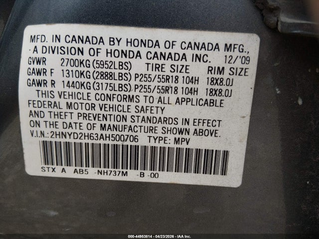 Aukcja sprzedaży 2010 Acura Mdx Technology Package, vin: 2HNYD2H63AH500706, numer aukcji: 44953814