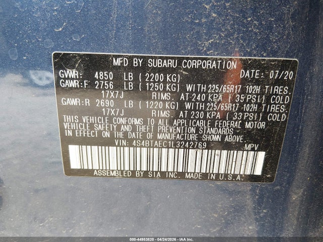 44953820 :رقم المزاد ، 4S4BTAEC1L3242769 vin ، 2020 Subaru Outback Premium مزاد بيع