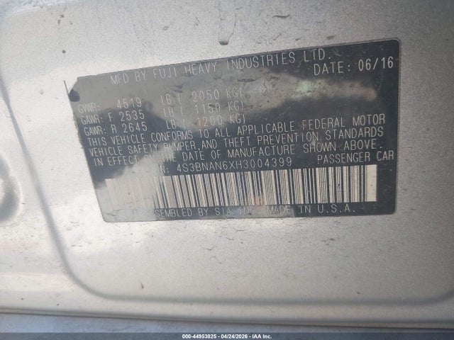 44953825 :رقم المزاد ، 4S3BNAN6XH3004399 vin ، 2017 Subaru Legacy 2.5i Limited مزاد بيع