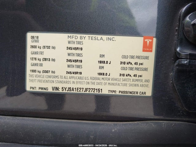 2018 Tesla Model S 100d/75d/p100d მანქანა იყიდება აუქციონზე, vin: 5YJSA1E27JF272151, აუქციონის ნომერი: 44953833