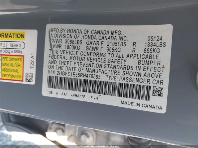 Aukcja sprzedaży 2024 Honda Civic Si Sedan, vin: 2HGFE1E55RH476583, numer aukcji: 44953839