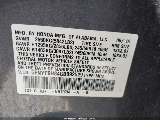 44953841 :رقم المزاد ، 5FNYF6H84GB092529 vin ، 2016 Honda Pilot Ex-l مزاد بيع