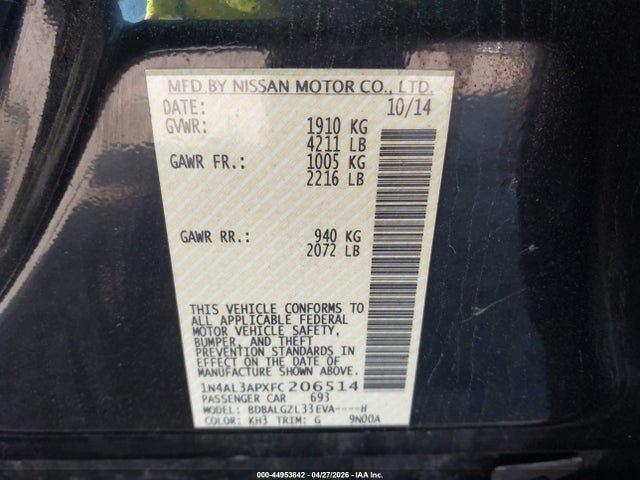Aukcja sprzedaży 2015 Nissan Altima 2.5 S, vin: 1N4AL3APXFC206514, numer aukcji: 44953842