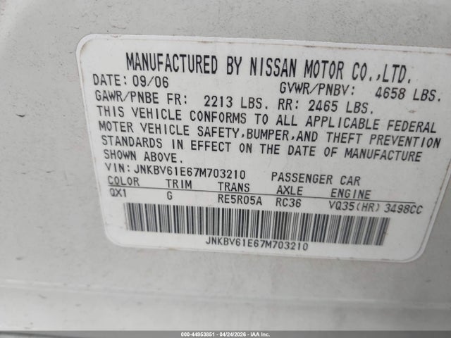 44953851 :رقم المزاد ، JNKBV61E67M703210 vin ، 2007 Infiniti G35 Sport مزاد بيع