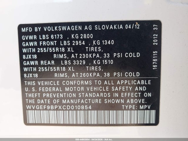 Продажа на аукционе авто 2012 Volkswagen Touareg Vr6 Sport, vin: WVGEF9BPXCD010854, номер лота: 44953854